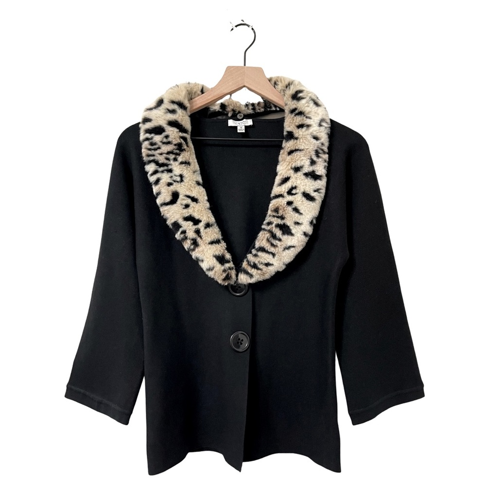 Cache Black Silk Blend Leopard Faux Fur Bell Sleeve Cardigan Sweater Size Small